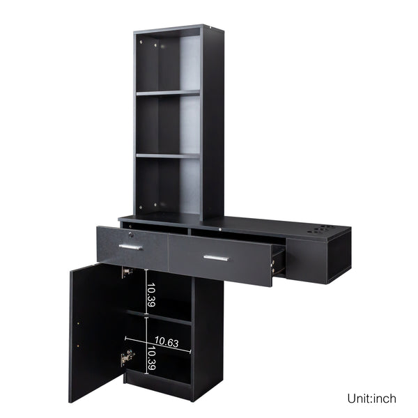 English Elm Black modern vanity desk with multi-layer storage, 2 drawers, cabinet & hairdryer slots for salon-organized spaces W33163005
