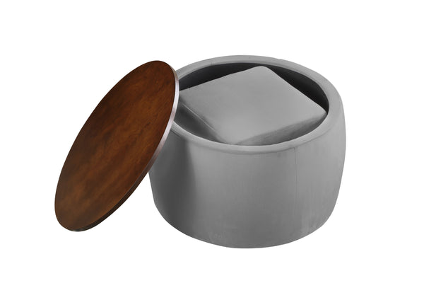 English Elm Round Ottoman Set with Storage - 2-in-1 Convertible Coffee Table & Footstool, Velvet Upholstery, Compact Accent Piece for Living Room, Bedroom, Office Gray W142065119