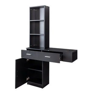 English Elm Black modern vanity desk with multi-layer storage, 2 drawers, cabinet & hairdryer slots for salon-organized spaces W33163005