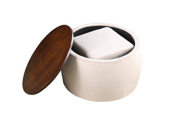 English Elm Round Ottoman Set with Storage - 2-in-1 Convertible Coffee Table & Footstool, Velvet Upholstery, Compact Accent Piece for Living Room, Bedroom, Office Beige W142065117