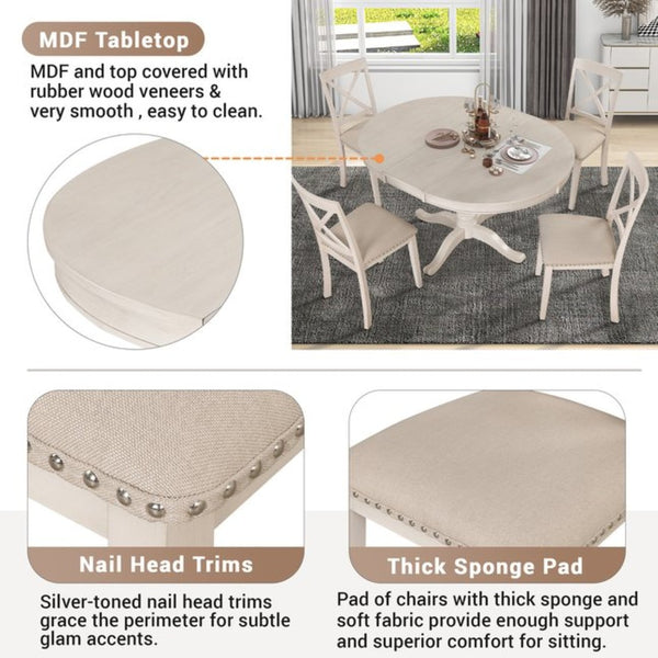 English Elm Modern Round Pedestal Dining Set Seats Four Rubberwood Farmhouse Style Antique White SG000640AAA