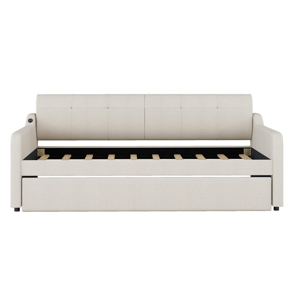 English Elm Twin Upholstery Daybed with Pull-Out Trundle, USB Charging Armrest, Sturdy Frame & Elegant Silhouette Beige GX000525AAA