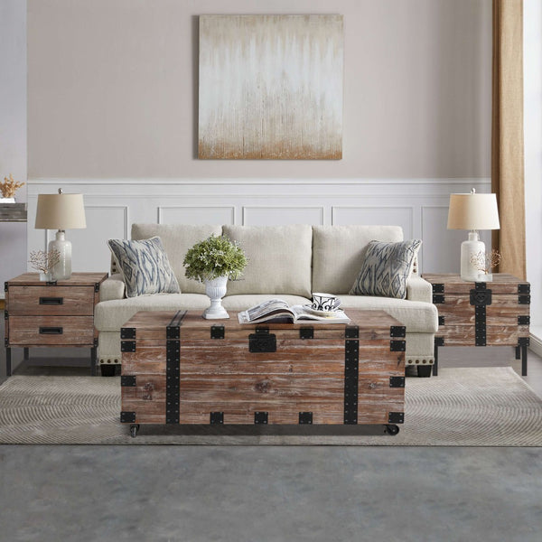 English Elm Antique Gray Reclaimed Wood Trunk Table Set of Three with Interior Storage W142562436