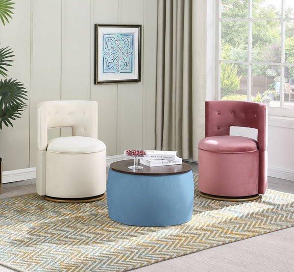 English Elm Round Ottoman Set with Storage - 2-in-1 Convertible Coffee Table & Footstool, Velvet Upholstery, Compact Accent Piece for Living Room, Bedroom, Office Blue W142065118
