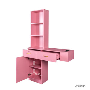 English Elm Pink Modern Hair Desk with Multi-Layer Storage, 2 Drawers & Cabinet, Hair Dryer Ports for Salon/Home W33163007