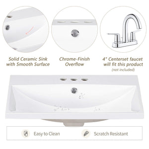 English Elm 24" Ceramic Vanity Top - White Rectangular Undermount Sink, Center Bowl, 4" Faucet, Modern Edge WF287736AAK