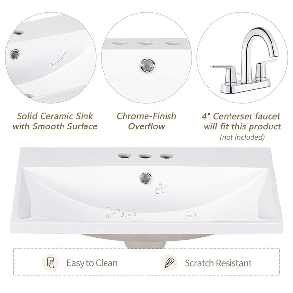 English Elm 24" Ceramic Vanity Top - White Rectangular Undermount Sink, Center Bowl, 4" Faucet, Modern Edge WF287736AAK