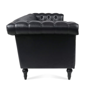English Elm 83.66 Inch Pu Leather Three Seat Sofa with Silver Stud Trim and Birch Legs Black W68042996