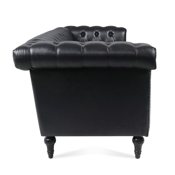 English Elm 83.66 Inch Pu Leather Three Seat Sofa with Silver Stud Trim and Birch Legs Black W68042996