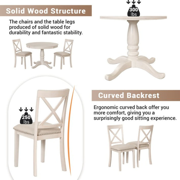 English Elm Modern Round Pedestal Dining Set Seats Four Rubberwood Farmhouse Style Antique White SG000640AAA