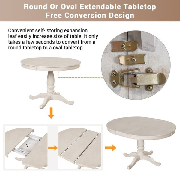 English Elm Modern Round Pedestal Dining Set Seats Four Rubberwood Farmhouse Style Antique White SG000640AAA