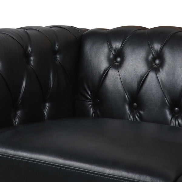 English Elm 83.66 Inch Pu Leather Three Seat Sofa with Silver Stud Trim and Birch Legs Black W68042996