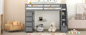 English Elm Twin Loft Bed with Stairs Drawers and Shelves Solid Pine Kids Bedroom Storage LT000338AAE