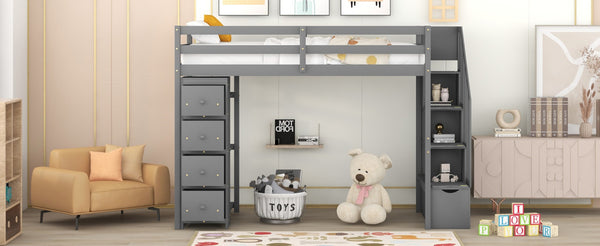 English Elm Twin Loft Bed with Stairs Drawers and Shelves Solid Pine Kids Bedroom Storage LT000338AAE