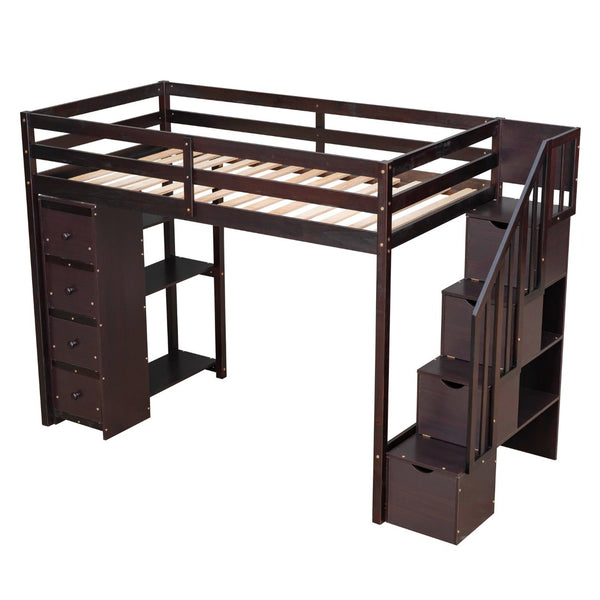 English Elm Twin Loft Bed with Stairs Drawers and Shelves Solid Pine Kids Bedroom Storage LT000338AAP
