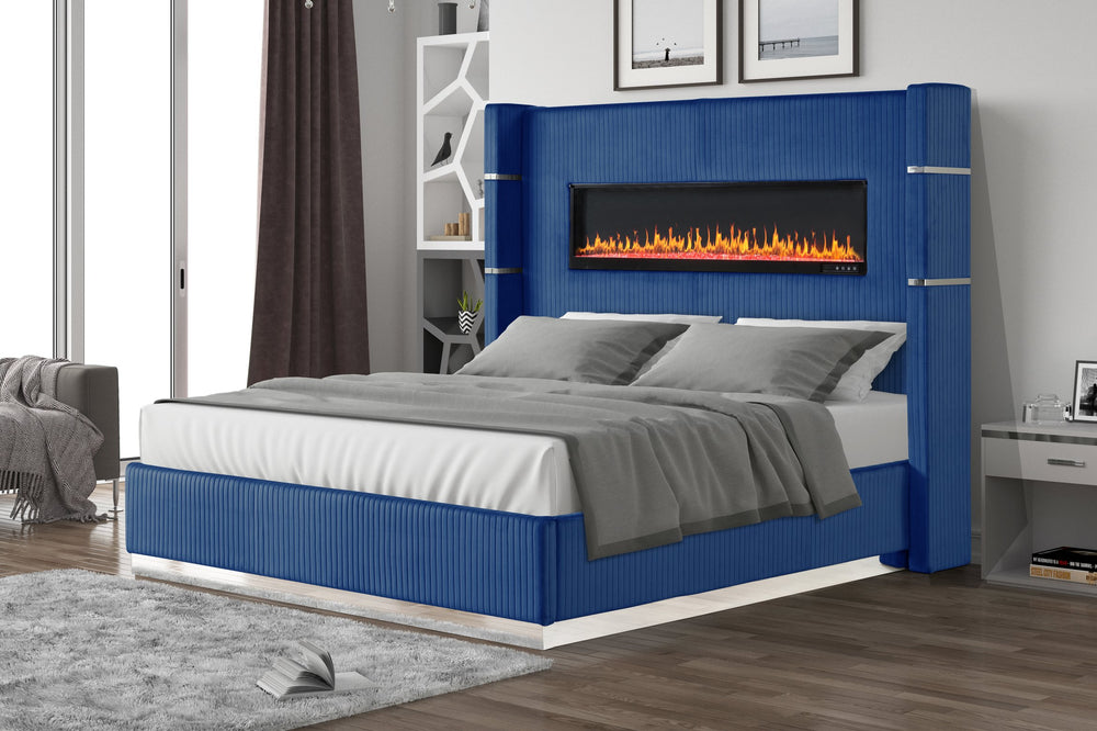 English Elm Upholstery Lizelle King Bed with Fireplace Display, Bluetooth Speakers, USB Ports, Velvet Tall Headboard B00977490
