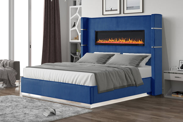 English Elm Upholstery Lizelle King Bed with Fireplace Display, Bluetooth Speakers, USB Ports, Velvet Tall Headboard B00977490