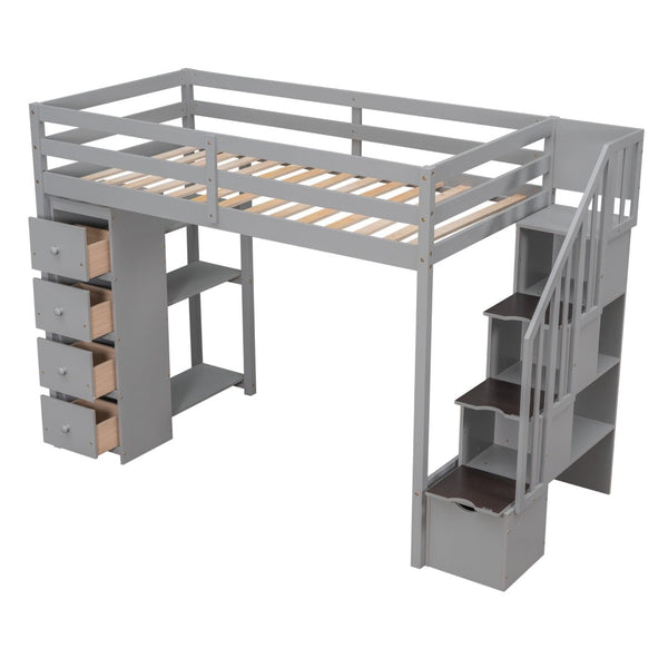 English Elm Twin Loft Bed with Stairs Drawers and Shelves Solid Pine Kids Bedroom Storage LT000338AAE