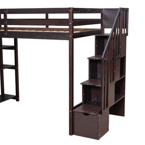 English Elm Twin Loft Bed with Stairs Drawers and Shelves Solid Pine Kids Bedroom Storage LT000338AAP