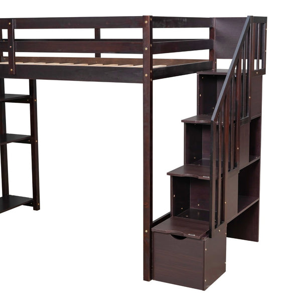 English Elm Twin Loft Bed with Stairs Drawers and Shelves Solid Pine Kids Bedroom Storage LT000338AAP