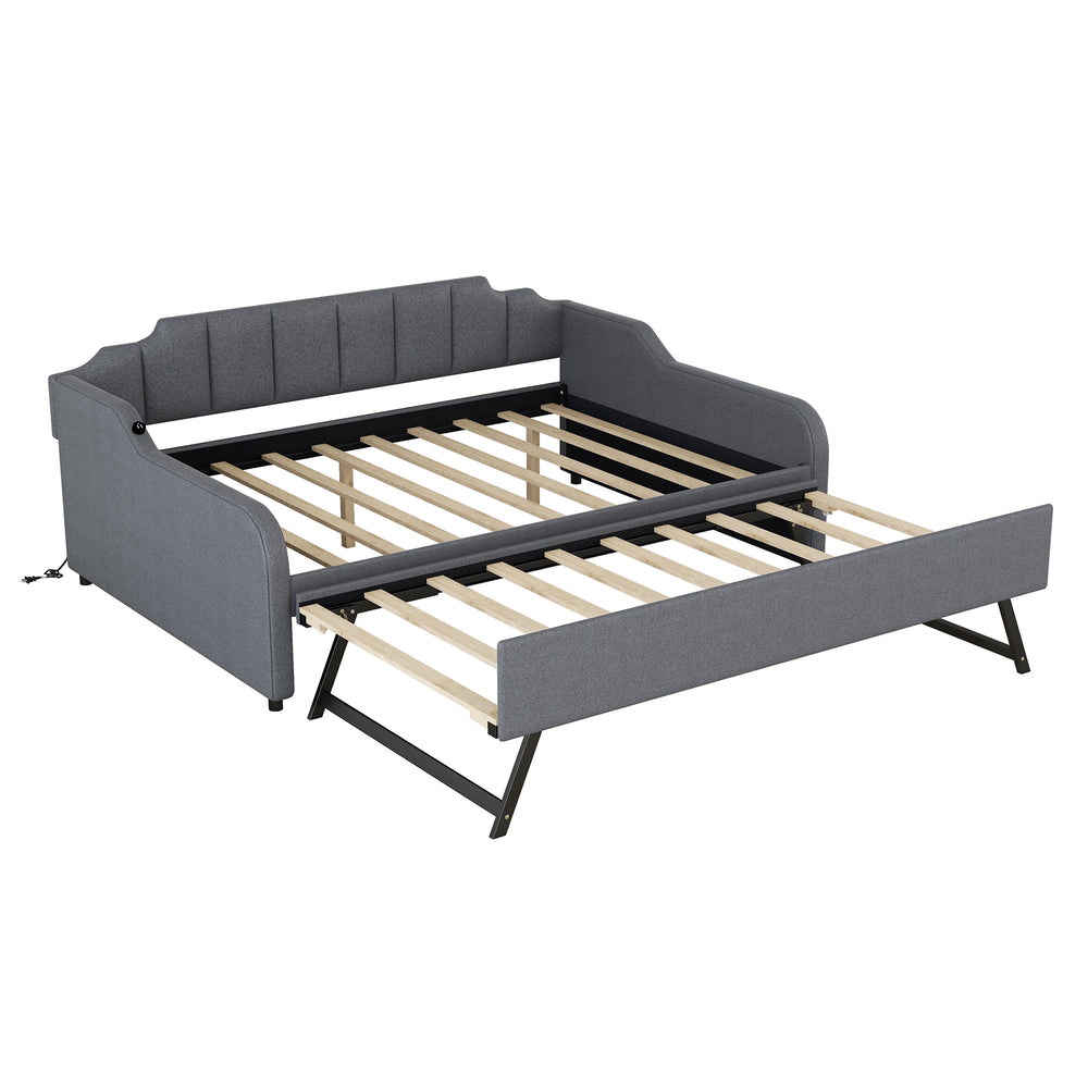 English Elm Full Full Size Upholstery Daybed with Trundle, USB Charging Armrest, Gray Fabric, Durable Frame GX000542AAE