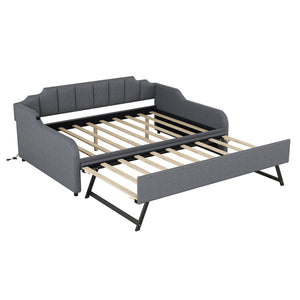 English Elm Full Full Size Upholstery Daybed with Trundle, USB Charging Armrest, Gray Fabric, Durable Frame GX000542AAE