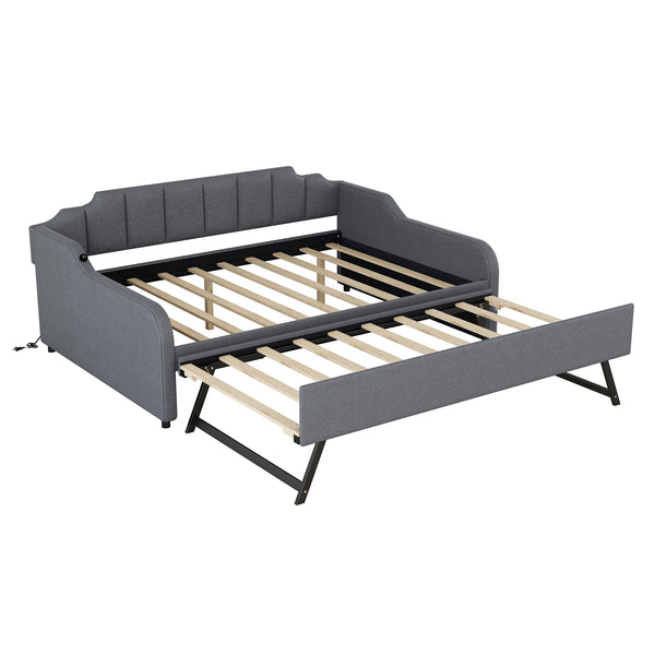 English Elm Full Full Size Upholstery Daybed with Trundle, USB Charging Armrest, Gray Fabric, Durable Frame GX000542AAE
