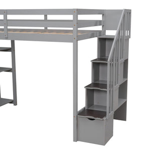 English Elm Twin Loft Bed with Stairs Drawers and Shelves Solid Pine Kids Bedroom Storage LT000338AAE