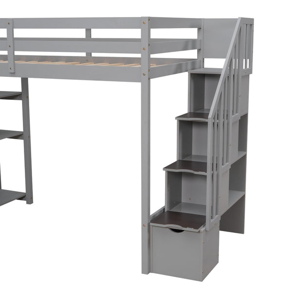 English Elm Twin Loft Bed with Stairs Drawers and Shelves Solid Pine Kids Bedroom Storage LT000338AAE