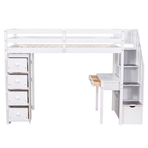 English Elm Twin Loft Bed with Stair Drawers Built-in Desk and Shelves Solid Pine Frame White LT000340AAK