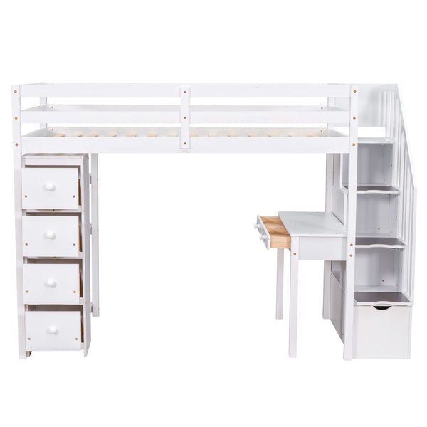 English Elm Twin Loft Bed with Stair Drawers Built-in Desk and Shelves Solid Pine Frame White LT000340AAK