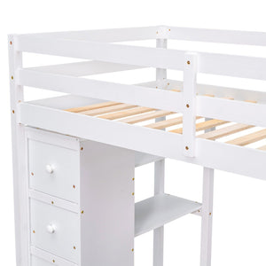 English Elm Twin Loft Bed with Stair Drawers Built-in Desk and Shelves Solid Pine Frame White LT000340AAK