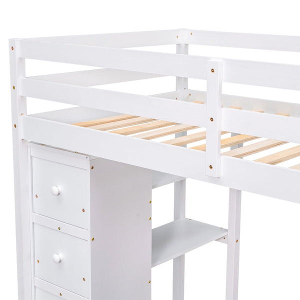 English Elm Twin Loft Bed with Stair Drawers Built-in Desk and Shelves Solid Pine Frame White LT000340AAK