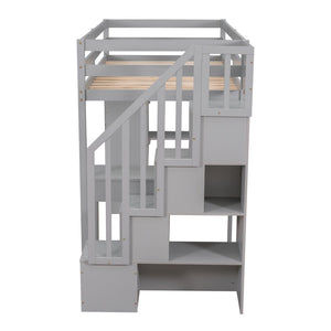 English Elm Twin Loft Bed with Stair Drawers Built-in Desk and Shelves Solid Pine Frame Gray LT000340AAE