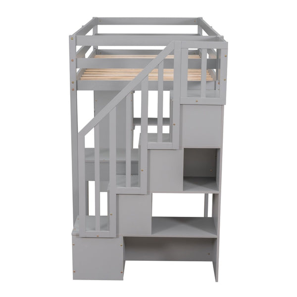 English Elm Twin Loft Bed with Stair Drawers Built-in Desk and Shelves Solid Pine Frame Gray LT000340AAE
