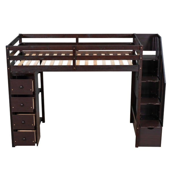 English Elm Twin Loft Bed with Stairs Drawers and Shelves Solid Pine Kids Bedroom Storage LT000338AAP