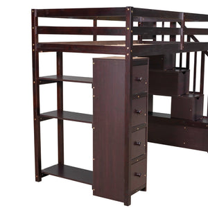 English Elm Twin Loft Bed with Stairs Drawers and Shelves Solid Pine Kids Bedroom Storage LT000338AAP