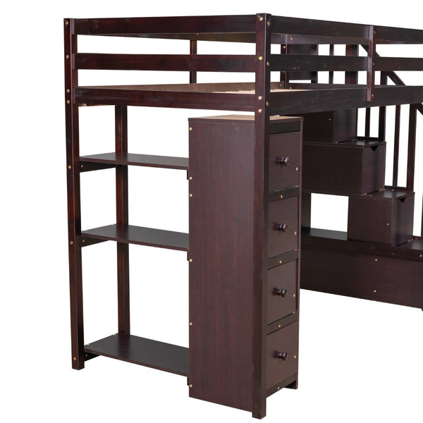 English Elm Twin Loft Bed with Stairs Drawers and Shelves Solid Pine Kids Bedroom Storage LT000338AAP