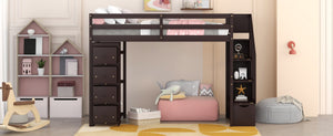 English Elm Twin Loft Bed with Stairs Drawers and Shelves Solid Pine Kids Bedroom Storage LT000338AAP