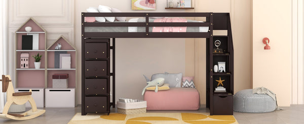 English Elm Twin Loft Bed with Stairs Drawers and Shelves Solid Pine Kids Bedroom Storage LT000338AAP