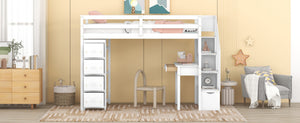 English Elm Twin Loft Bed with Stair Drawers Built-in Desk and Shelves Solid Pine Frame White LT000340AAK