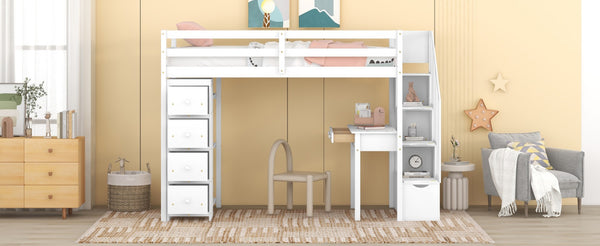 English Elm Twin Loft Bed with Stair Drawers Built-in Desk and Shelves Solid Pine Frame White LT000340AAK