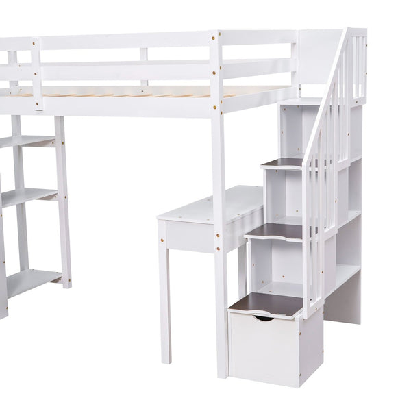 English Elm Twin Loft Bed with Stair Drawers Built-in Desk and Shelves Solid Pine Frame White LT000340AAK