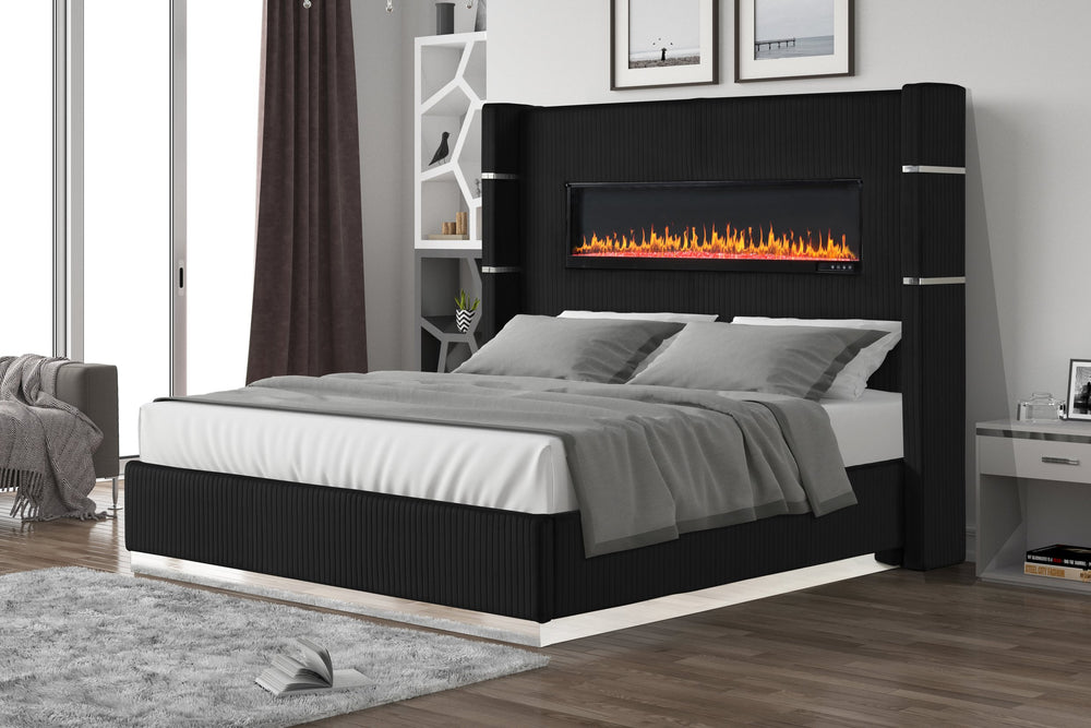 English Elm Lizelle Queen Bed Black Velvet with Ambient LED Fireplace Display, USB, Bluetooth Speakers, Luxe Upholstery B00977487