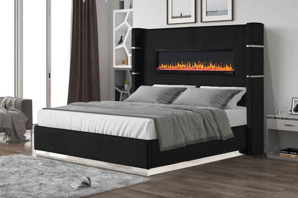 English Elm LIZZELLE King 4PC Bedroom Set with Velvet Upholstery, LED Fireplace Display, USB/Bluetooth Speakers, Black B009S02095