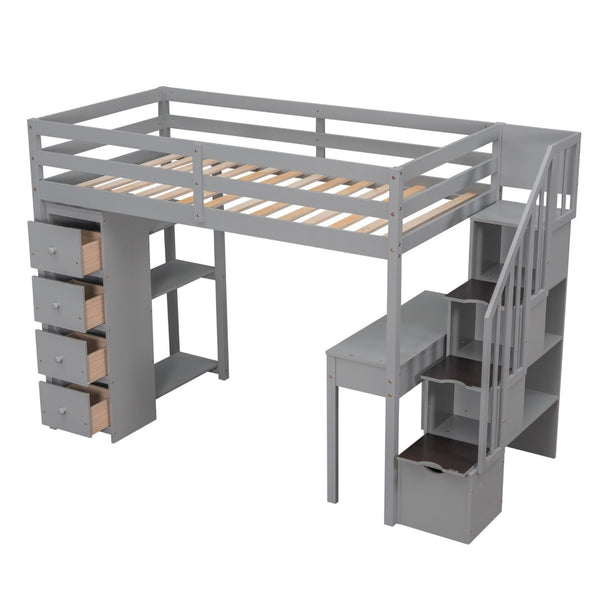 English Elm Twin Loft Bed with Stair Drawers Built-in Desk and Shelves Solid Pine Frame Gray LT000340AAE
