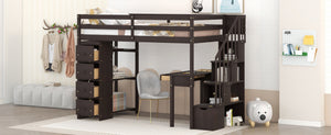 English Elm Twin Loft Bed with Stair Drawers Built-in Desk and Shelves Solid Pine Frame LT000340AAP