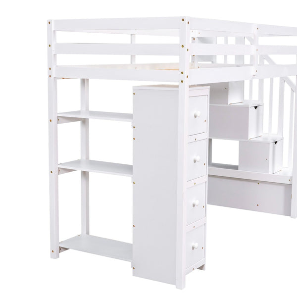 English Elm Twin Loft Bed with Stairs Drawers and Shelves Solid Pine Kids Bedroom Storage LT000338AAK