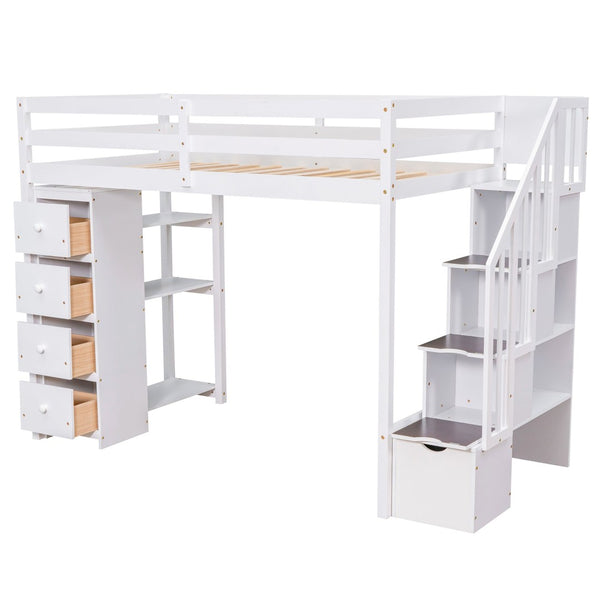 English Elm Twin Loft Bed with Stairs Drawers and Shelves Solid Pine Kids Bedroom Storage LT000338AAK