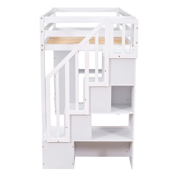 English Elm Twin Loft Bed with Stairs Drawers and Shelves Solid Pine Kids Bedroom Storage LT000338AAK